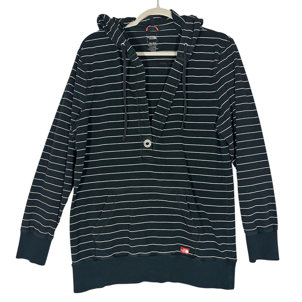 The North Face Plunge V-Neck Hoodie Sweatshirt Sz XL Pullover Black White Stripe